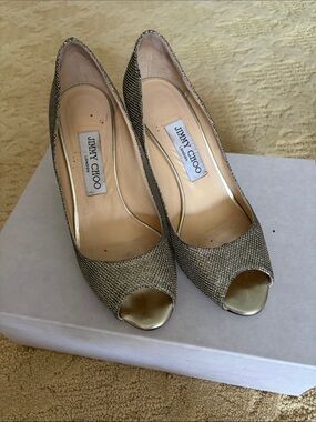 Jimmy Choo Gold Glitter Peep-Toe Heels